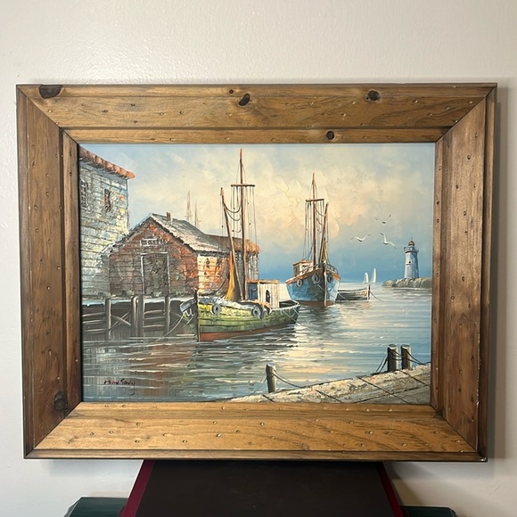 Max Savy Other - Original Max Savy Seascape Marina Lighthouse Fishing Village Framed Oil Painting